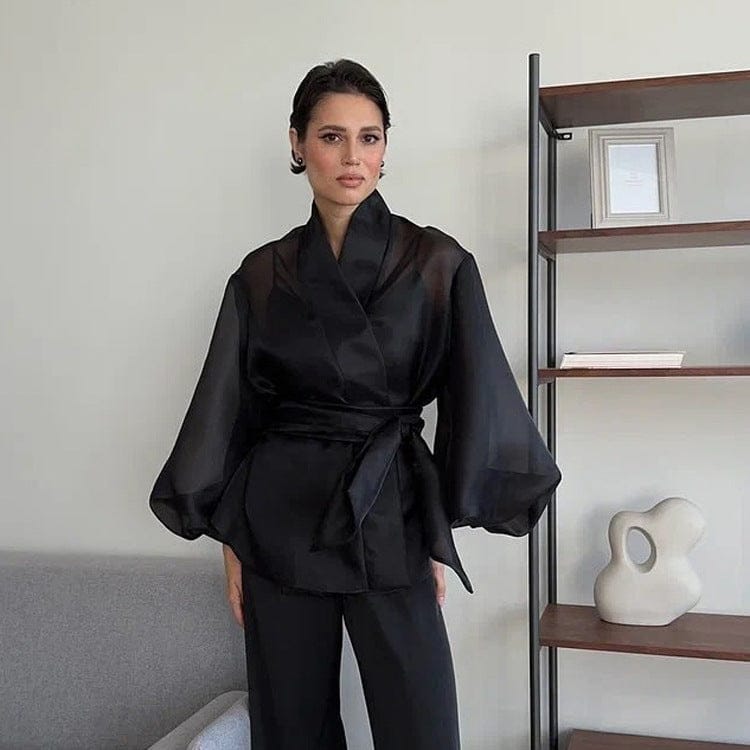 Elegant Noir Kimono by Serena Ken, featuring flowing fabric and intricate detailing, perfect for any stylish wardrobe.