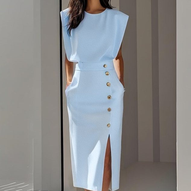 Serena Ken Céleste dress featuring a flowing fabric and elegant design, shown in a full-length view.