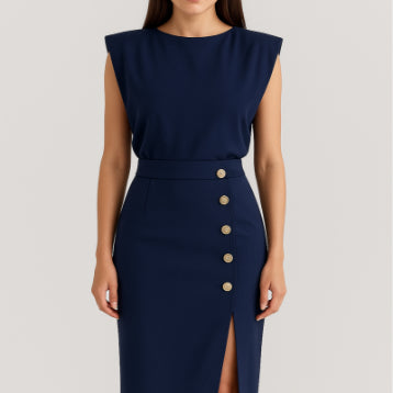 Serena Ken Céleste dress featuring elegant fabric, a fitted bodice, and flowing skirt, ideal for formal occasions.